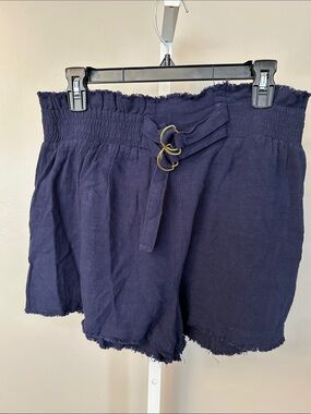 Umgee Navy High-Waist Smocked Shorts with Double Ring Tie
